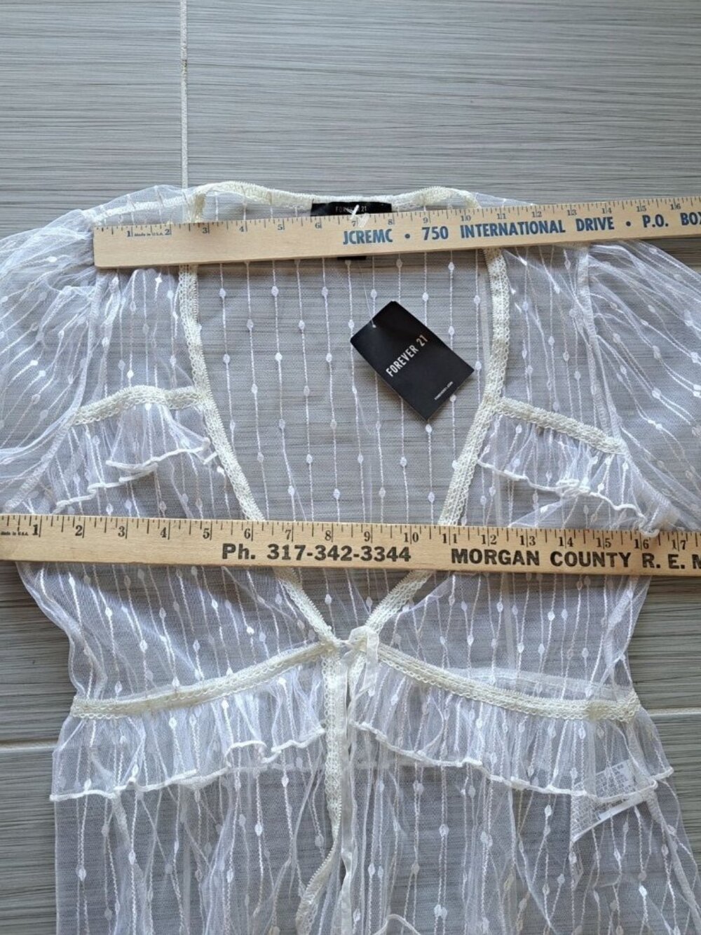 New Med Sheer White Polka Dot Mesh Wrap Top Ruffle Hem Elastic Cuffs Cottage - Picture 9 of 11